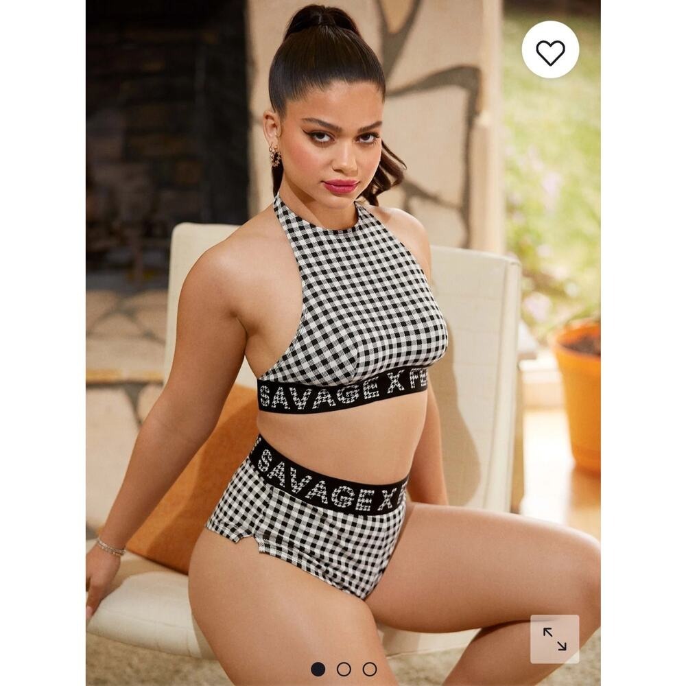 Savage X‎ Fenty Gingham High Neck Halter Bralette Black White Logo Band Small